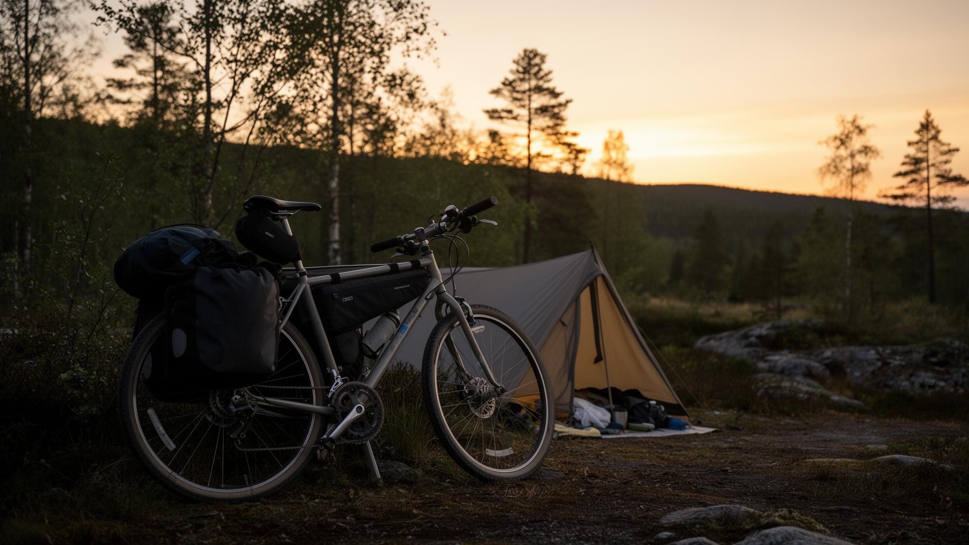 A bicycle and simple luggage at an evening stop