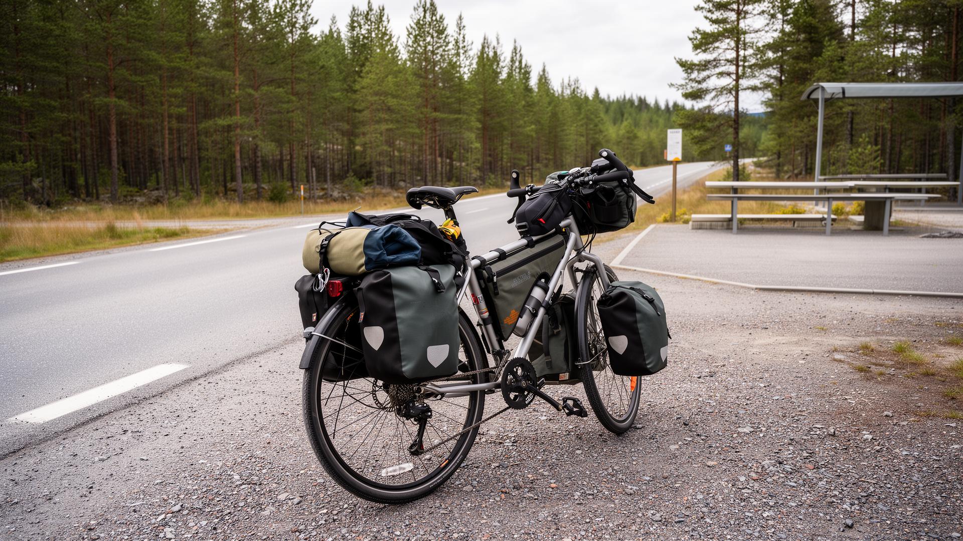 A loaded touring bicycle beside a quiet road