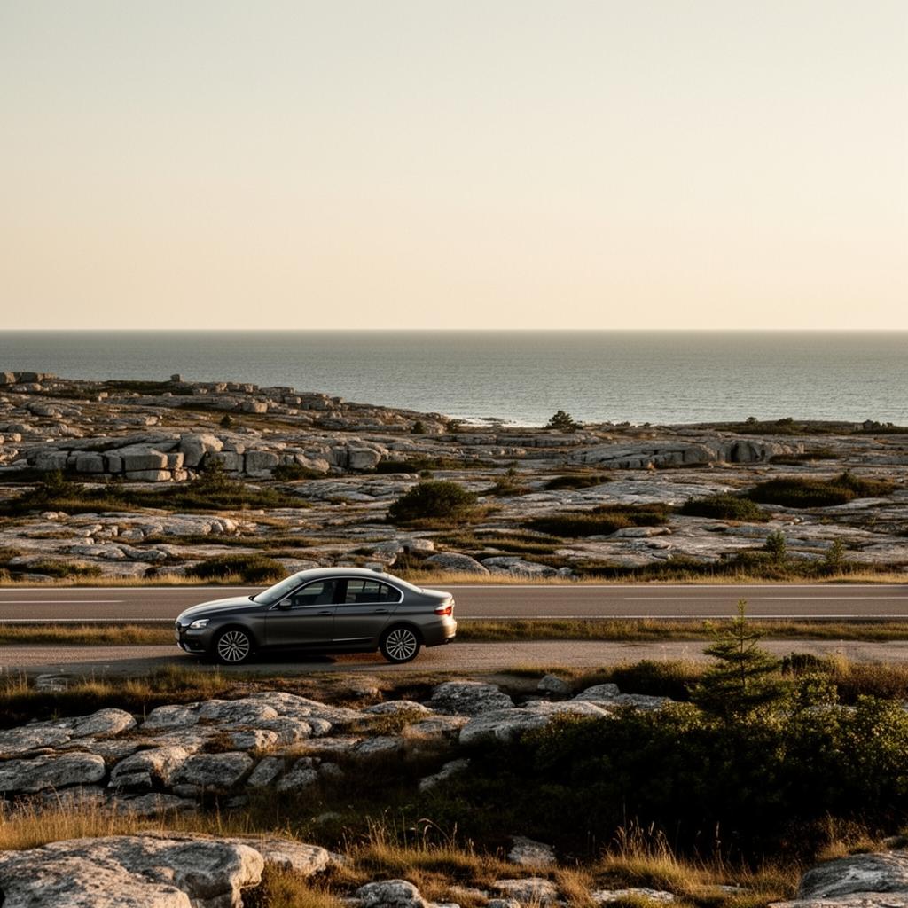 A car beside a coastal Gotland road during a journey