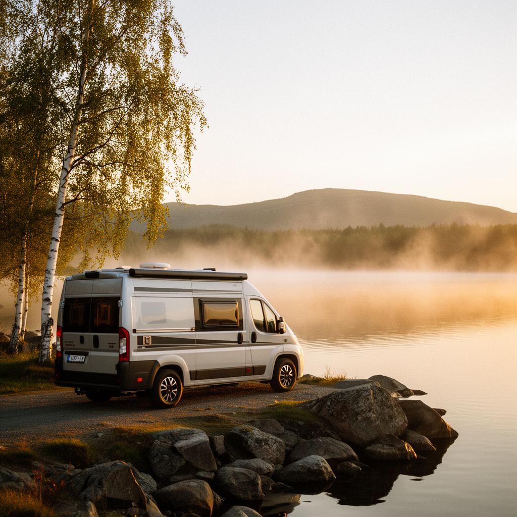 A van beside a calm coastal place during a vanlife season
