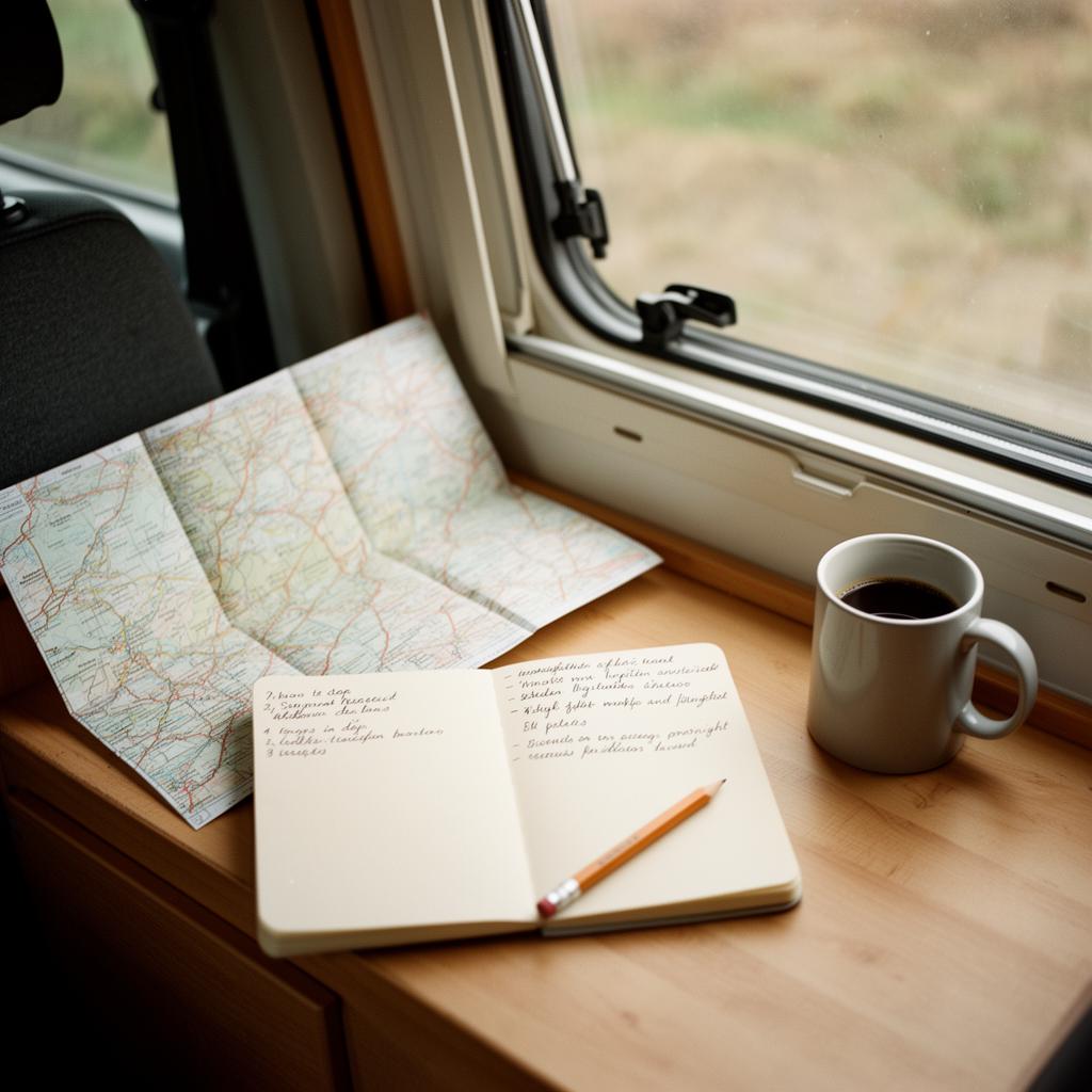A map and short vanlife notes inside a van