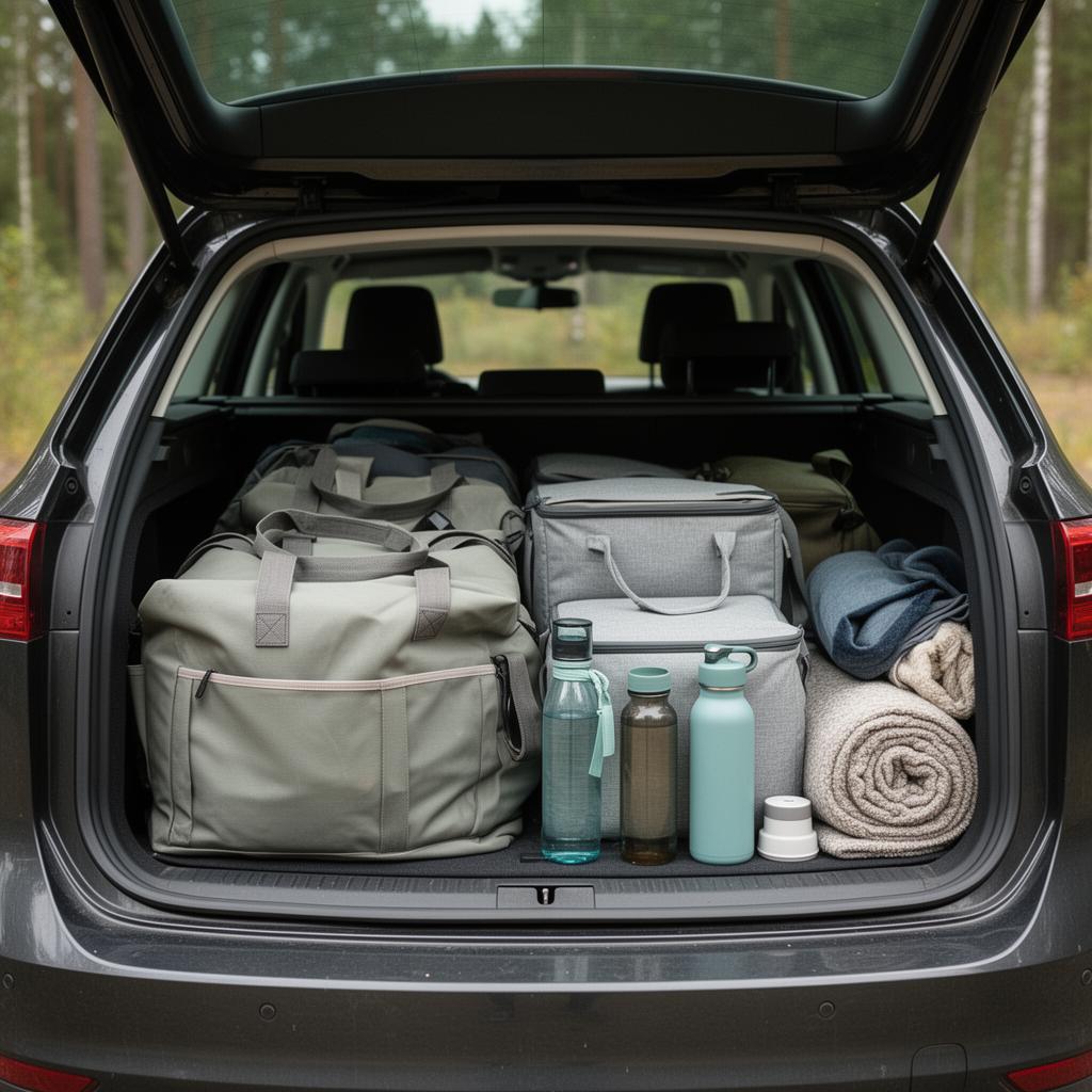 Öppen bil med smart organiserad packning för roadtrip