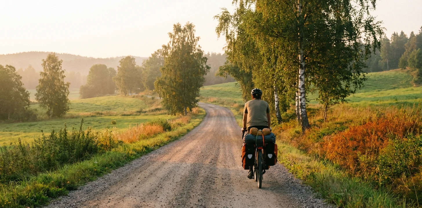A cyclist planning a tour with a map and loaded bicycle