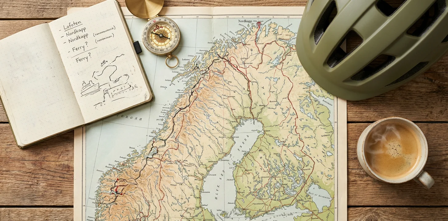 A map and notes used to plan flexible cycle-touring stages