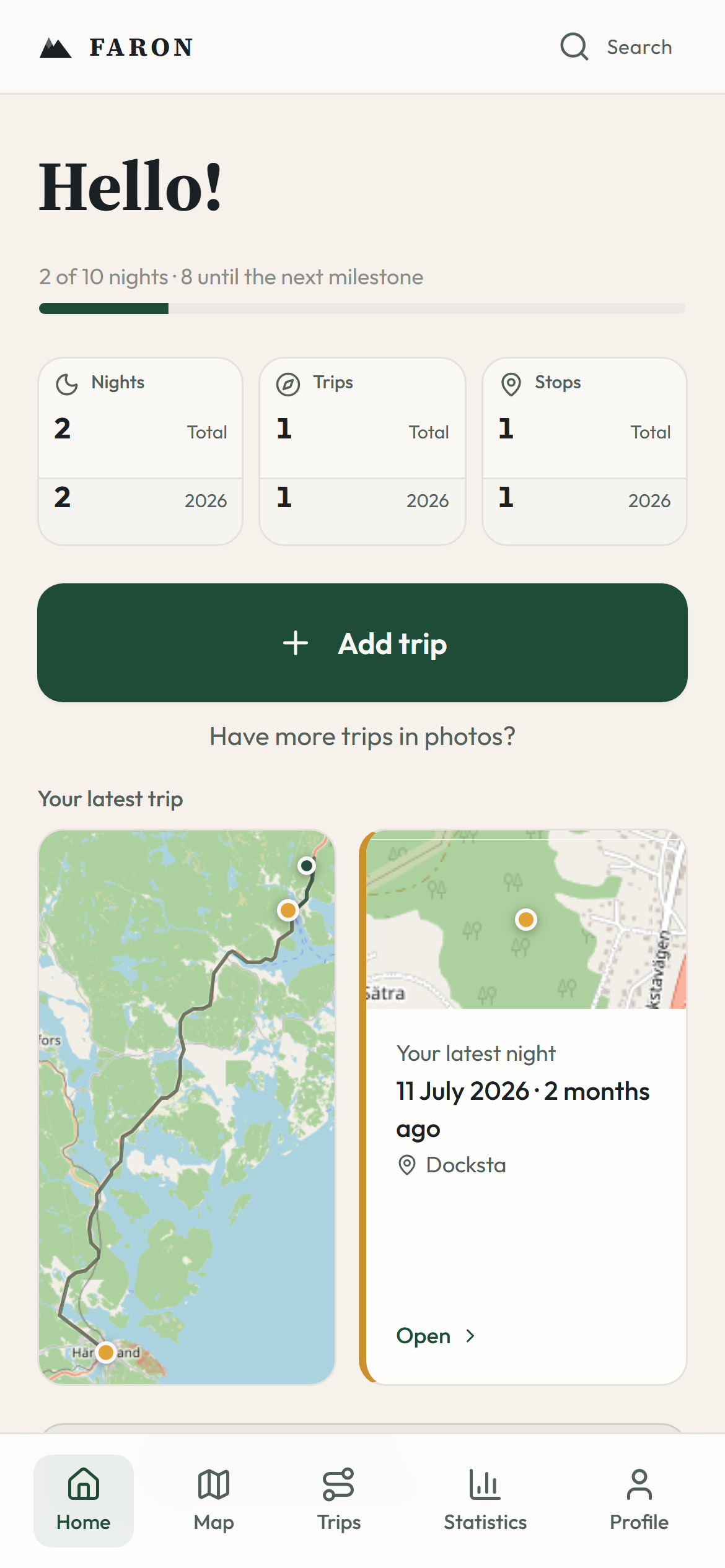 FARON's Home view with an example trip, logged overnight stays and its road route.