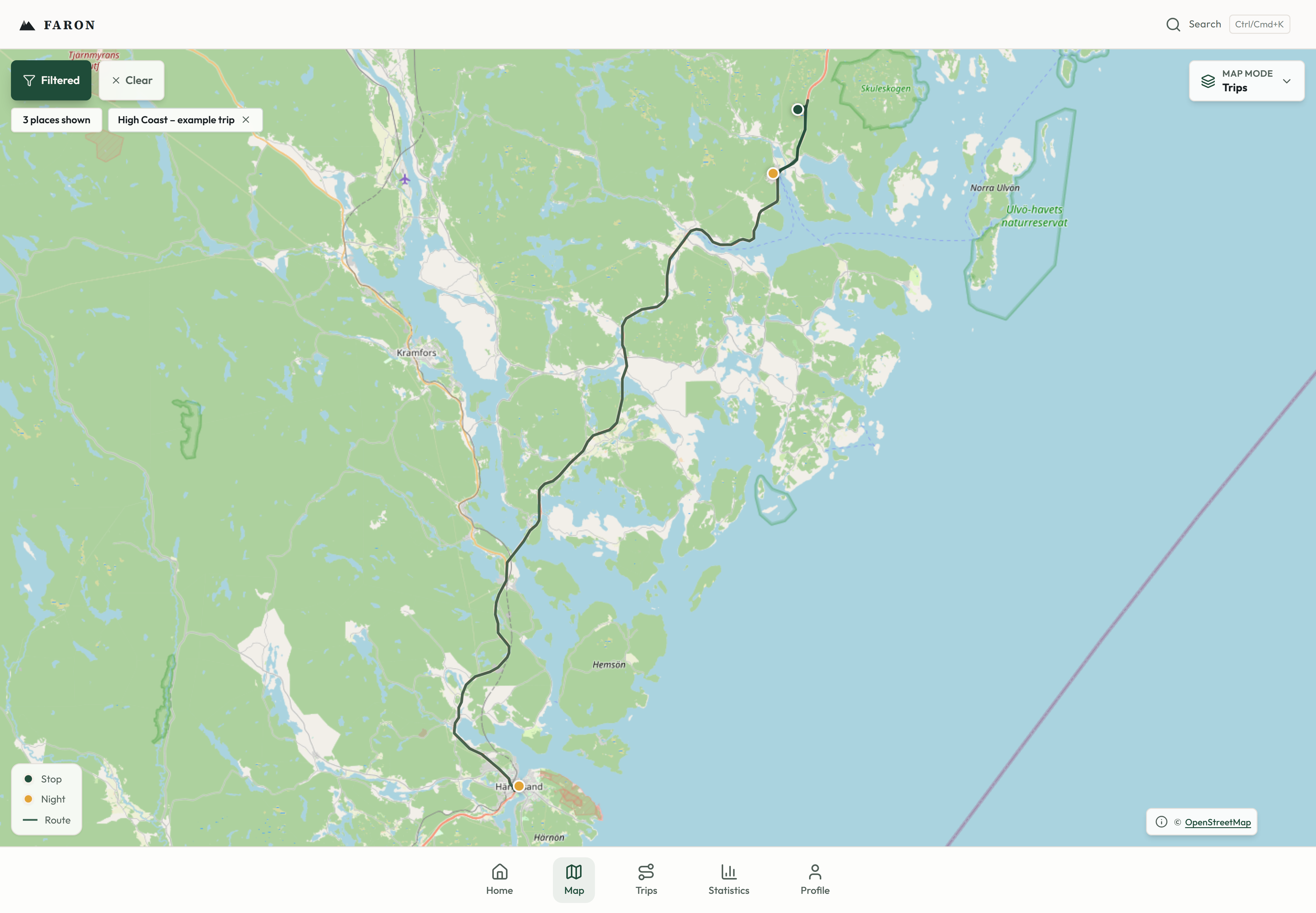 An example trip's overnight stays, stops and road routes on a map. Map attribution is included in the image.