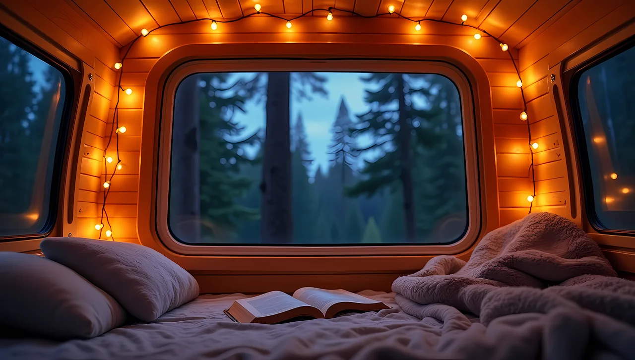 An open notebook inside a motorhome during a forest evening