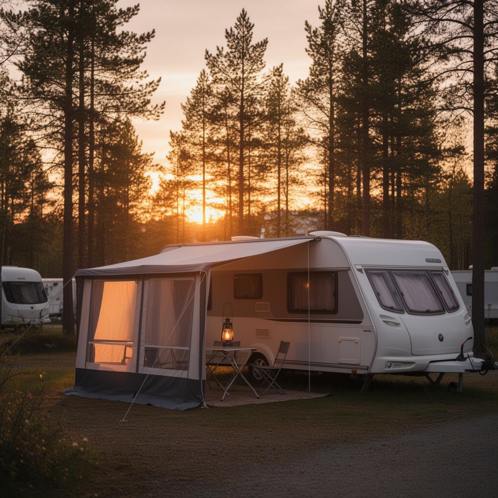 A caravan on a quiet campsite in evening light