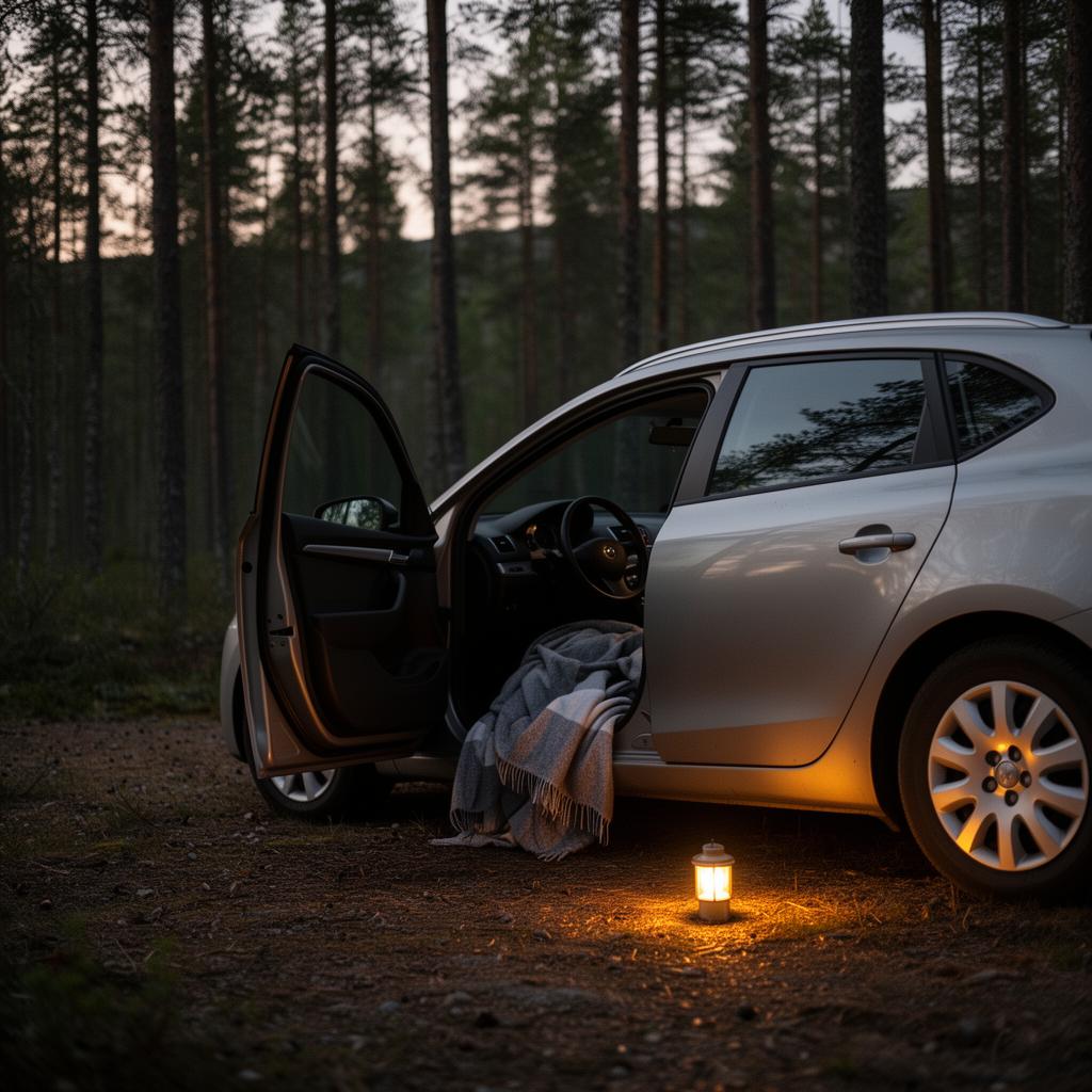 A simple evening setup inside a car during a road trip