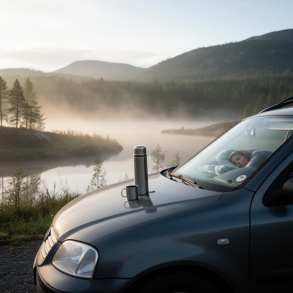 A quiet morning beside a car after an overnight stay
