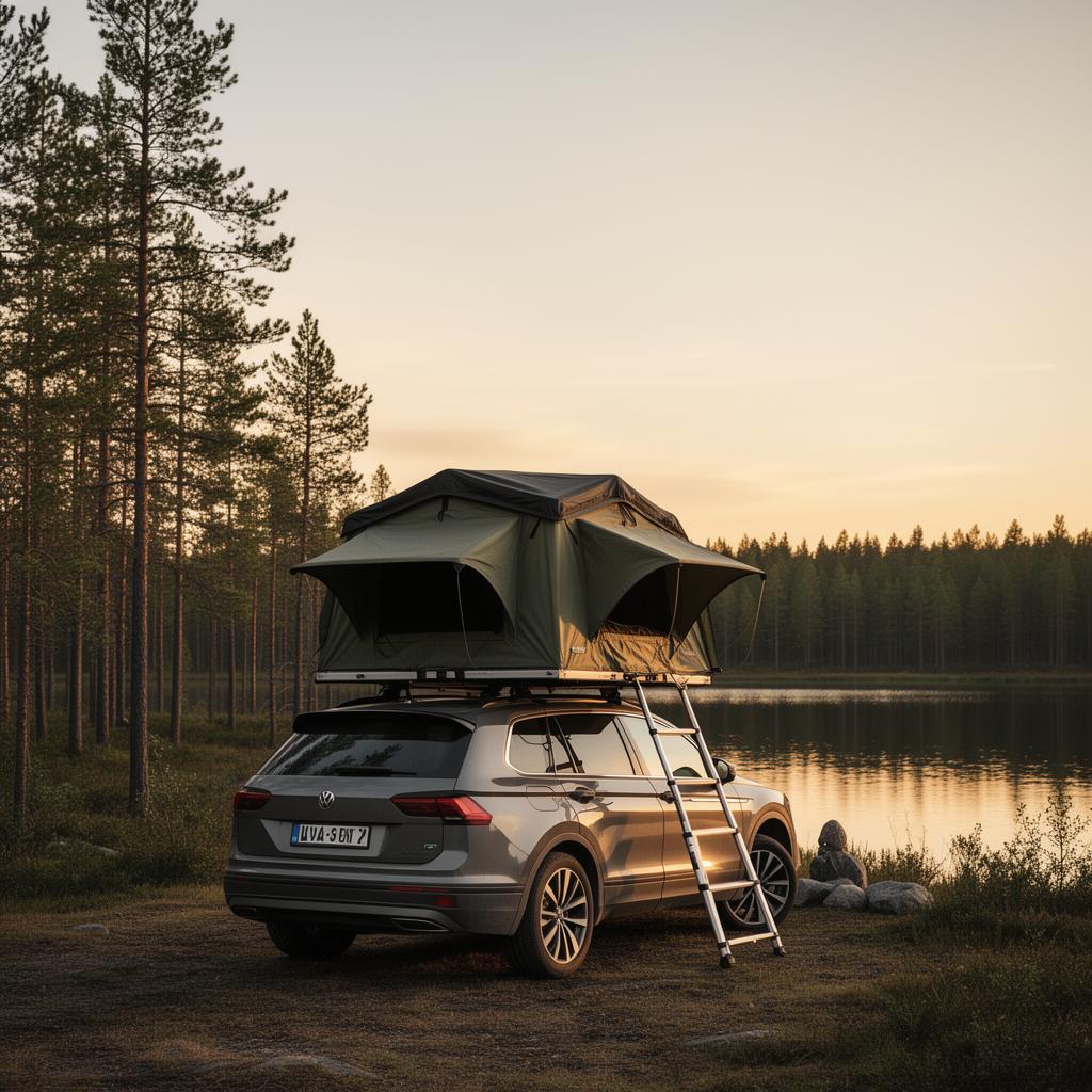A rooftop tent at a calm evening place during a short weekend