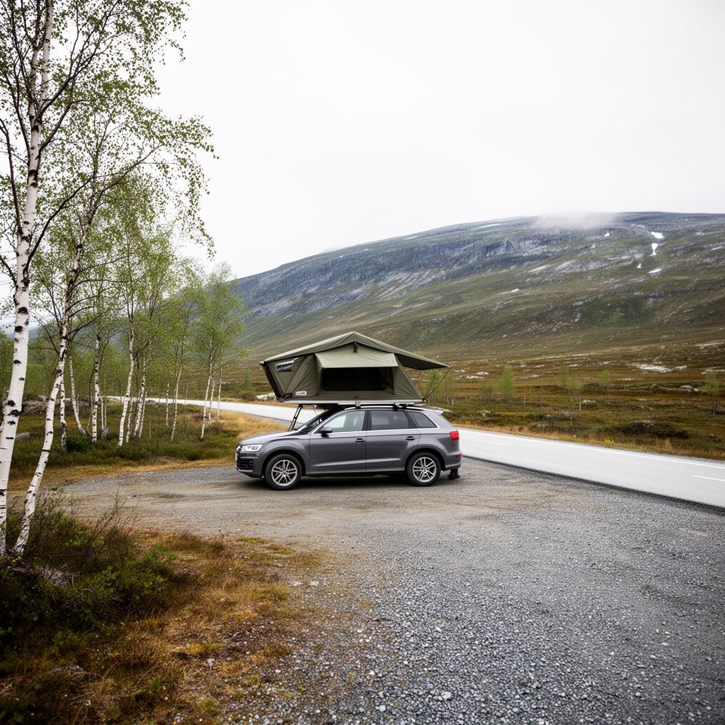Bil med taktält vid lugn plats i fjällen