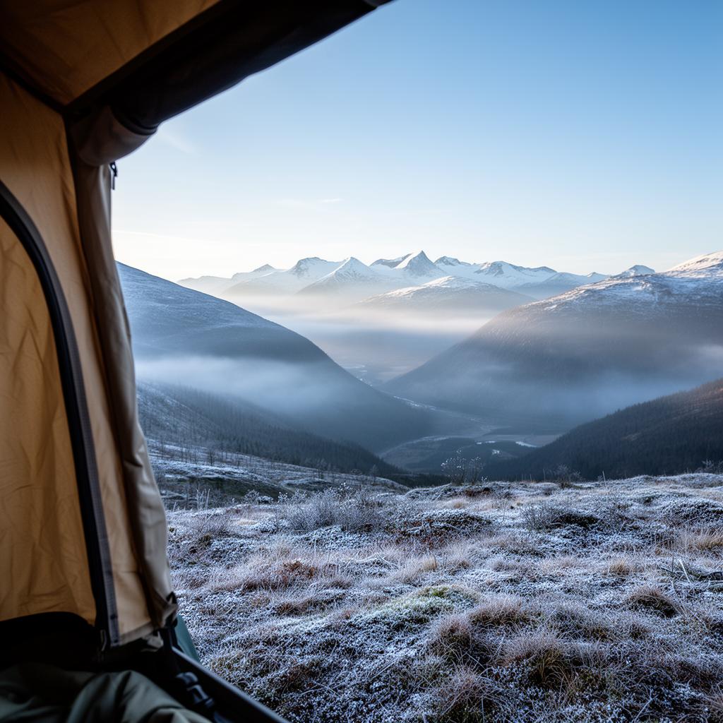 Morgonutsikt från taktält i fjällen
