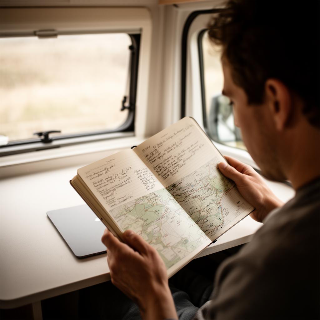 A traveller reviewing privately saved stops after a camping journey