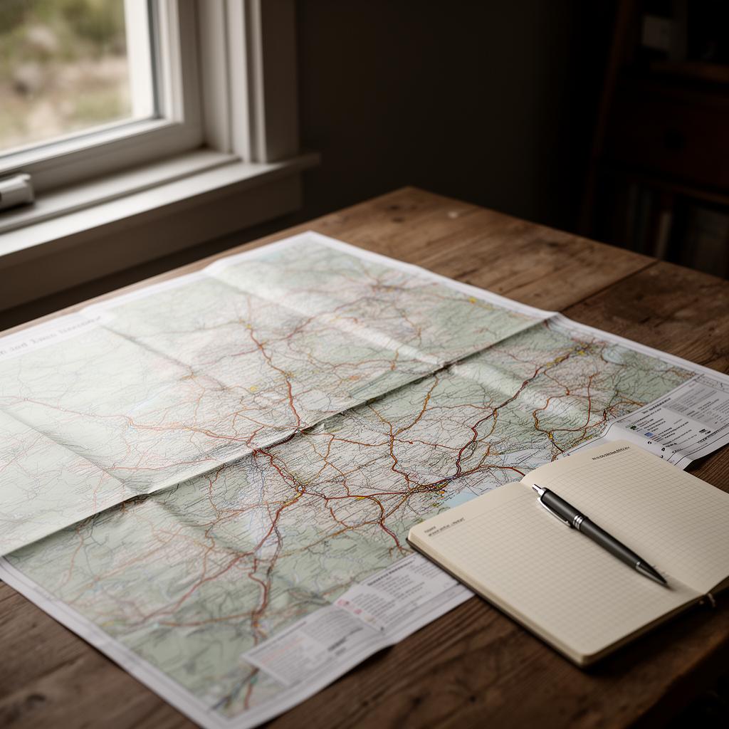 A camping journey being planned with a map and notes